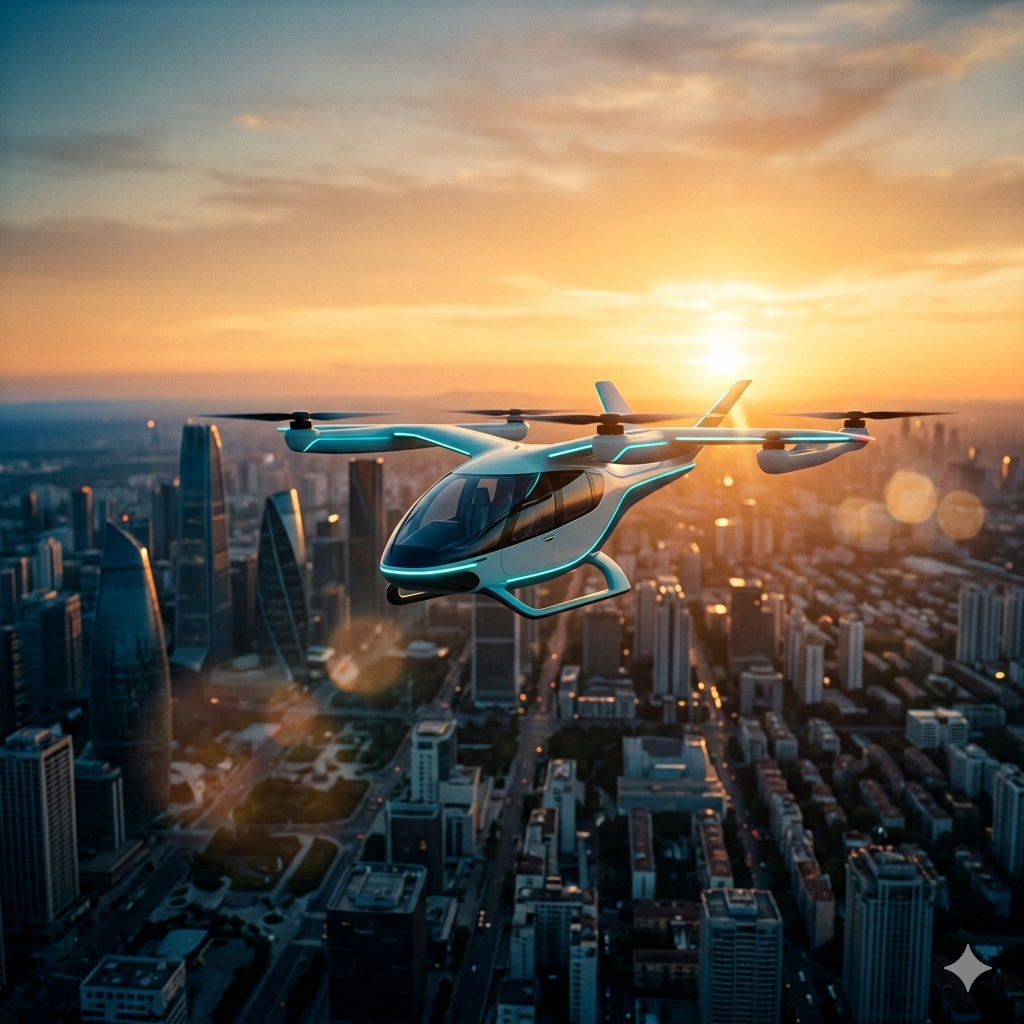 Air taxi eVTOL aircraft in flight over London